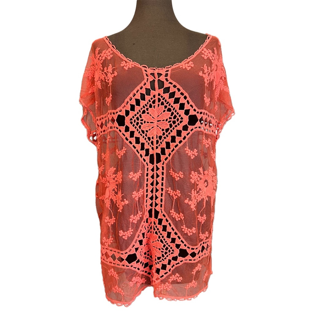 Coral Lace Blouse/Swim Cover Up
